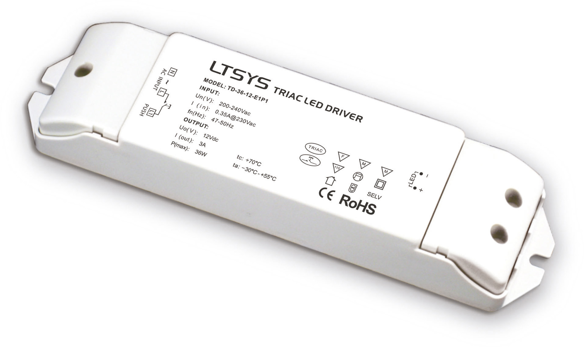 TD-36-12-E1P1  Triac/ELV Push Dim PWM 36W C. Voltage Dimmable Driver